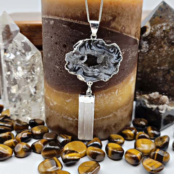 Oco Geode Slice W/Selenite Accent Pendant 1"-2"-Pendants-Angelic Healing Crystals Wholesale