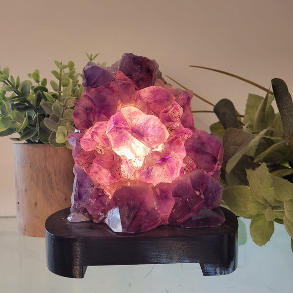 Amethyst Cluster Lamp on Wood Base 5-8” tall comes with bulb and cord-Lamps-Angelic Healing Crystals Wholesale