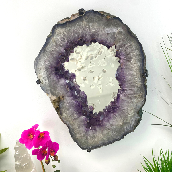 Wholesale Amethyst Slice Mirror with Custom Iron Frame - 18.35kg 16"w x 21.25"h-Mirrors-Angelic Healing Crystals Wholesale