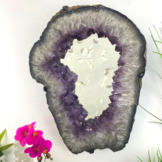 Wholesale Amethyst Slice Mirror with Custom Iron Frame - 18.85kg 16.75"w x 22.5"h-Mirrors-Angelic Healing Crystals Wholesale