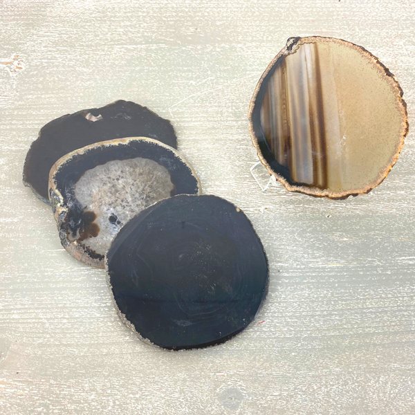 Wholesale Black Agate Round Slice Coaster with Silicone Footers - Set of 4-Coasters-Angelic Healing Crystals Wholesale