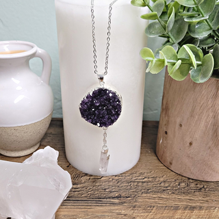 Amethyst Druzy w/ Crystal Quartz Dangle Necklace-Necklaces-Angelic Healing Crystals Wholesale