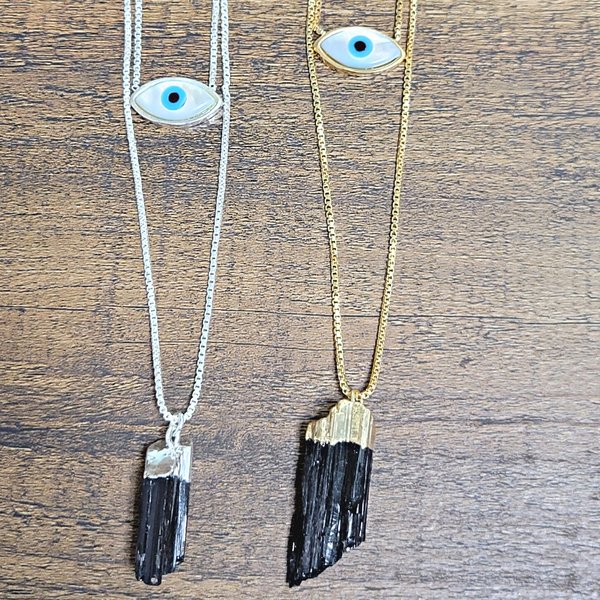 Evil Eye W/ Tourmaline Layered Necklace - Brazil-Necklaces-Angelic Healing Crystals Wholesale